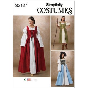 Könnte beinhalten: Das Simplicity Costumes Schnittmuster S3127 zeigt drei Varianten eines Kleides mit weißen Puffärmeln und einem Oberteil. Eine Version ist ein langes rotes Kleid, eine andere ein knielanges olivgrünes Kleid mit Stab und die dritte ist hellblau.