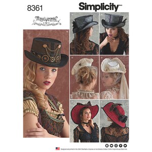 Könnte beinhalten: Simplicity Schnittmuster 8361 für Arkivestry Hüte. Das Schnittmuster enthält Entwürfe für einen Zylinder mit Kettenverzierungen, einen kleinen Hut mit Netz und einen breitkrempigen Hut mit Schleife. Jeder Stil weist unterschiedliche Texturen auf.