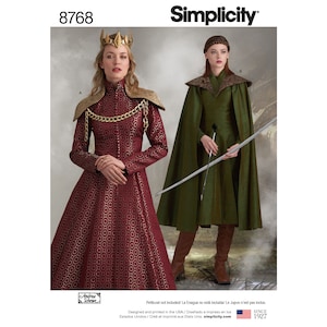 May include: Simplicity pattern 8768 showing two medieval costumes. One is a long, burgundy dress with gold details and a crown. The other is a green cape and dress ensemble with a bow and arrow.