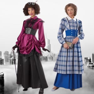 May include: Two women wearing vintage-style dresses. The woman on the left is wearing a burgundy dress with a black lace trim and a black belt. The woman on the right is wearing a blue and white plaid dress with a blue belt.