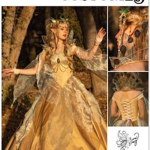 May include: Simplicity Costumes pattern S3160. A golden yellow fairy costume with sheer, leaf-shaped accents. The image includes close-ups of the costume's details, such as the bodice and headpiece. The pattern is designed and printed in the USA.