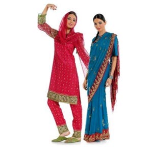 May include: A bright pink salwar kameez with gold embroidery and a matching dupatta, alongside a vibrant blue sari featuring a wide red and gold embroidered border. Both garments are adorned with intricate patterns and metallic gold detailing.
