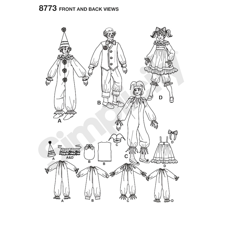 K&ouml;nnte beinhalten: Ein Schnittmusterbogen mit der Aufschrift 8773 FRONT AND BACK VIEWS mit Strichzeichnungen von vier verschiedenen Clownskost&uuml;men, gekennzeichnet mit A, B, C und D. Die Abbildungen zeigen verschiedene Overalls, H&uuml;te, Kragen und Kleider mit Konstruktionsdetails.