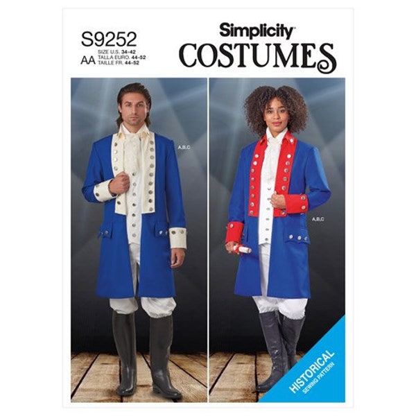 Simplicity Pattern 9252 Unisex Embellished Jacket, Pull-On Pants, &  Vest Military Uniform 17th 18th Cosplay Size 34-42