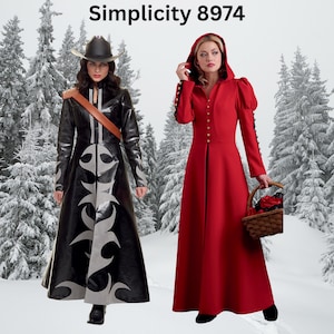 May include: Two long coats, one black with silver accents and one red, are shown against a snowy background. The black coat has a western style collar and the red coat has a hood. The text "Simplicity 8974" is at the top of the image.