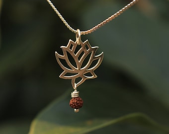 Mini Lotus Necklace with Rudraksha, Sterling Silver, Chakra Charm, Healing Crystals, Crystals