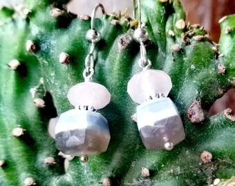 Blue Striped Opal and Rose Quartz Earrings - Hearth and Throat Chakra - Speak your truth with feeling