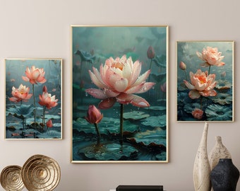 May include: A triptych of framed art prints featuring serene lotus flowers in a pond. The paintings showcase pink blossoms with water droplets, set against a backdrop of green lily pads and a misty atmosphere. The frames have a gold finish.