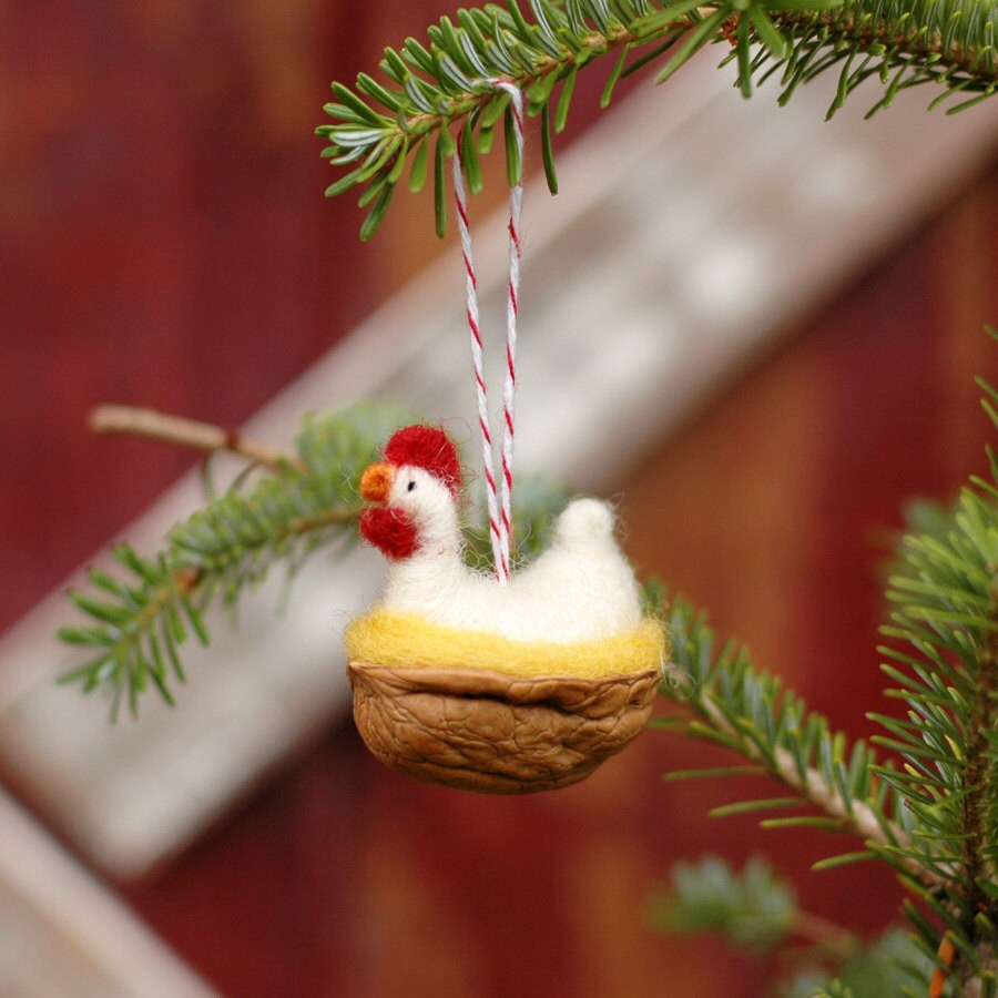Chicken in a Walnut - White Leghorn - Needle Felted Ornament