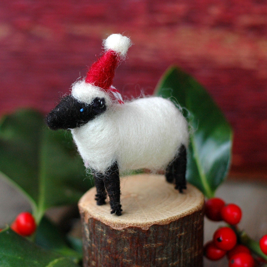 Santa Lamb - Needle Felted Suffolk Sheep Christmas Ornament