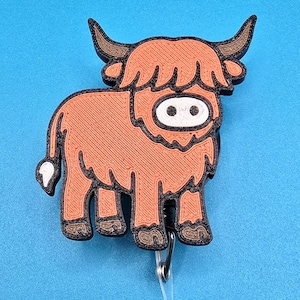 Highland Cow Badge Reel | Cute Cow ID Holder | Farm Animal Retractable Badge Reel for Nurses & Office Staff