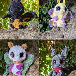 Puede incluir: Cuatro peluches de polilla de ganchillo en varios colores, incluyendo negro y dorado, amarillo y morado, blanco y verde, y gris y rojo. Los peluches tienen ojos grandes y expresivos y están posados en una rama de árbol. El texto "Crochet Pattern" y "@ Crafted For Comfort" son visibles.