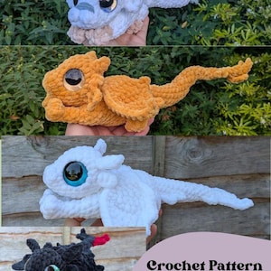 May include: A collection of four plush dragon toys made with soft yarn, featuring large glossy eyes and wings. The set includes a white and blue dragon, an orange dragon, a solid white dragon, and a black dragon with red accents. Text reads Crochet Pattern Bundle.