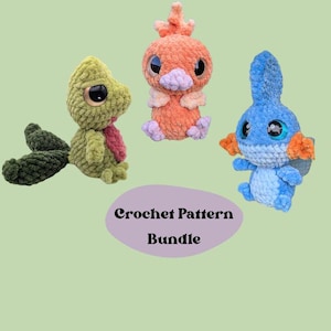 May include: Three plush crochet creatures in green, orange, and blue with large dark eyes. The green creature has a long tail, the orange one has a crest, and the blue one has side fins. Text reads Crochet Pattern Bundle and @CraftedForComfort.