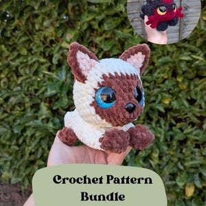 May include: A crocheted Siamese cat with blue eyes, brown and white fur, and a black nose. The image also includes a smaller crocheted cat with red accents. Text on a green banner reads "Crochet Pattern Bundle."