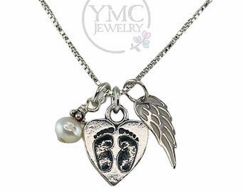 Baby Footprints Necklace,Miscarriage Jewelry,Memorial Necklace, Baby Loss, Keepsake Gift,Remembrance Memorial Angel Wing Heart Necklace