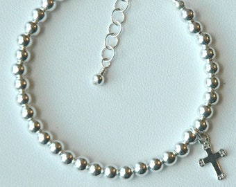 4mm Solid Sterling Silver Cross Baptism Bracelet, First Communion Bracelet, Confirmation Bracelet, Boy Bracelet, Baby Boy Bracelet