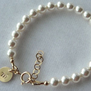 Gold Initial Pearl Baptism Bracelet, Flower Girl Bracelet, Pearl Baptism Bracelet, First Communion, Confirmation, Gold Cross Pearl Bracelet