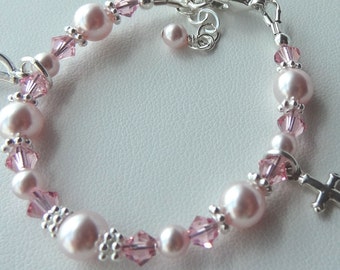 Pink Pearl Baptism Bracelet, Confirmation First Communion Flower Girl Bracelet, Personalized Initial Cross Bracelet, Pink Cross Bracelet