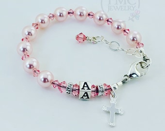 VerLuky Regali di comunione per ragazze, braccialetto con perle colorate, per comunione con croce, biglietto di auguri per battesimo per ragazze, prima comunione, regalo per cresima