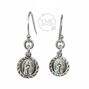 Petite Virgin Mary Earrings,Sterling Silver Religious Earrings,Lady of Guadalupe Medal Earrings,Virgin Mary medal,First Communion Earrings