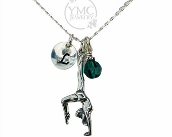 Sterling Silver Personalized Gymnastic Necklace, Birthstone Necklace, Gymnast Necklace, Personalized Gymnast Charm Jewelry,Initial Necklace