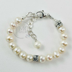 Real Pearl Freshwater Pearl Initial Baptism Bracelet,Flower Girl Bracelet,Personalized Baby Pearl Bracelet,First Communion Cross Bracelet