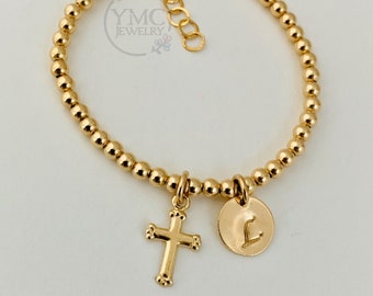 Personalized Gold Initial Cross Bracelet,Flower Girls Bracelet,Gold Baptism Bracelet,Confirmation Bracelet,Baby Cross Bracelet,Gold Bracelet