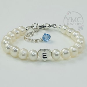 Real Freshwater Pearl Initial Baby Bracelet,Baptism Bracelet,Personalized Baby Infant Initial Birthstone Bracelet,Flower Girl Pearl Bracelet