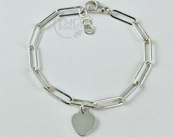 Sterling Silver Paperclip Bracelet,Sterling Silver Chain Bracelet,Silver Bracelet,Heart Charm Bracele,Gift for Mom, Bridesmaid Flower girl