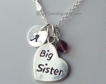 Sterling Silver Big Sister Little Sister Birthstone Initial Necklaces,Little Sister Necklace,Birthstone Sisters Necklace,Big Sister Necklace