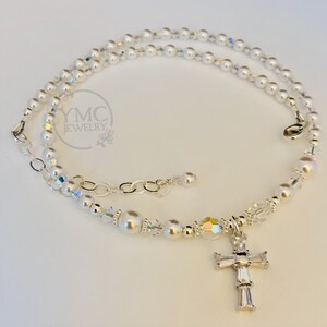 Kreuz Kristall Perle Baby Kind Halskette, erste heilige Kommunion Kreuz Perlenkette, Konfirmation Halskette, Taufe Kreuz Perlenkette