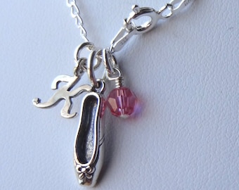 Sterling Silver Initial Ballerina Necklace,Ballet Pointe Shoe Necklace,Ballet Slipper Charm,Ballet Slipper Necklace,Ballerina Shoes Necklace