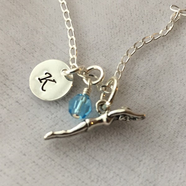 Sterling Silver Personalized Swim Necklace,Swimmer Necklace,Diver Necklace,Birthstone Initial Necklace,School Team Necklace,Gift For Swimmer