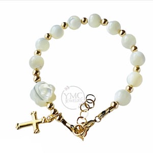 Mother of Pearl Gold Rosary Bracelet, Gold Pearl Chaplet Bracelet, First Communion Gold Bracelet, Baptism Rosary  Bracelet Chaplet Bracelet