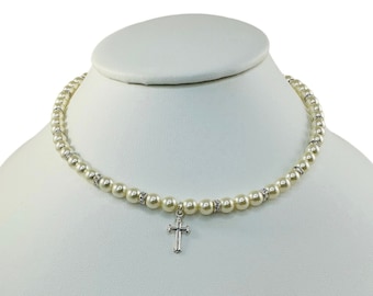 First Communion Necklace,Pearl Cross Necklace,Confirmation Necklace,Flower Girl Pearl Necklace, Baptism Necklace,Baby Pearl Necklace