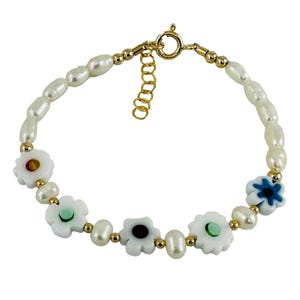 Gold Baby Flower Glass Pearl Bracelet,White Daisy Bracelet,Bracelet Gifts for Baby Little Girl Baby Girl Toddler Newborn Twins ID Bracelet