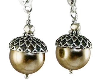 Sterling Silver Bronze Acorn Earrings,Acorn Earrings,Crystal Pearl Acorn Earrings,Leverback Earrings,Woodland Autumn Earrings,Fall Earrings