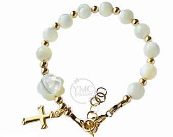 Parelmoer gouden rozenkrans armband, gouden parel armband rozenkrans, gouden armband eerste communie, doop rozenkrans armband rozenkrans armband