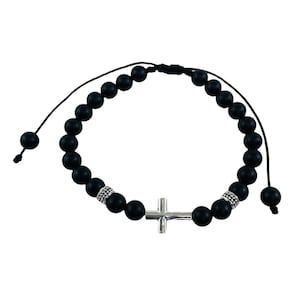 Silver Cross Men Boy Beaded Bracelet,Black Cross Bracelet,First Communion Confirmation Godfather Religious Bracelet,RCIA Men Bracelet