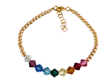 Gold Rainbow Stackable Kids Mom Bracelet,Gold Multicolor Bracelet For Children,Dainty Gold Stackable Layering Bracelet,Flower Girl proposal