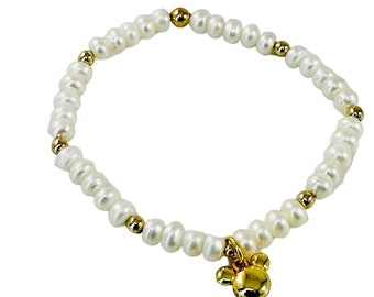 Pulsera de Mickey bebé con perlas reales, pulsera de ratón con perlas, pulsera de Mickey con perlas y oro, pulsera elástica de oro y perlas con ratón