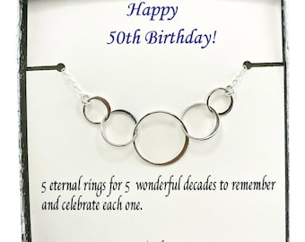 Regalo número 50 para mujeres, regalo de cumpleaños número 50, cinco círculos para el cumpleaños número 50, cincuenta y fabulosas ideas para regalos, collar de círculos entrelazados,