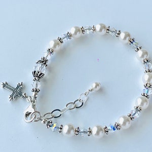 First Holy Communion Bracelet-Pearl Silver Rosary Bracelet-Baptism Pearl Cross Bracelet,Pearl Cross Bracelet,Confirmation Rosary Bracelet