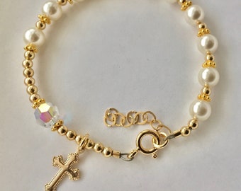Rozenkrans armband, gouden parel rozenkrans armband, gouden kruis armband, gouden armband eerste communie, dooprozenkrans armband rozenkrans