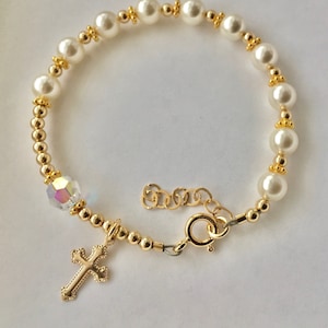 Rosary Pearl Bracelet,Gold Pearl Rosary Bracelet,Gold Cross Bracelet,First Communion Gold Bracelet,Baptism Rosary Pearl Bracelet Chaplet