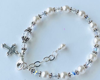 First Holy Communion Bracelet-Pearl Silver Rosary Bracelet-Baptism Pearl Cross Bracelet,Pearl Cross Bracelet,Confirmation Rosary Bracelet