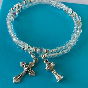 First Holy Communion Rosary Bracelet, Rosary Bracelet, Crystal Clear Rosary Bracelet, Five Decade Wrap Rosary, Memory Wire Rosary Bracelet