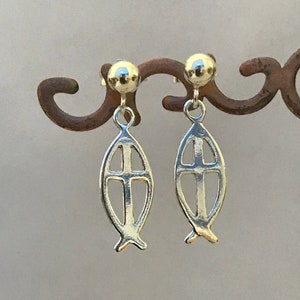 Sterling Silver Ichthys Christian Fish Earrings,Christian Symbol Earrings,Ichthys Earrings,Fish (Ichthus) Dangle Earrings,Cross Earrings
