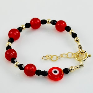 Gold Red Jade and Evil Eye Crystal Children&#39;s Bracelet,Baby Boy Bracelet,Baby Protection Evil Eye Bracelet,Gold Red and Black Bracelet,